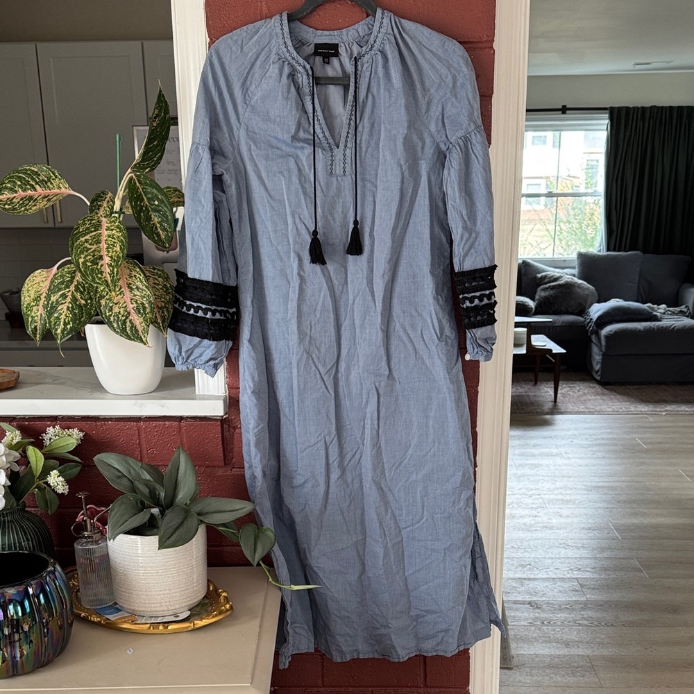 Who What Wear Light Blue Long Sleeve Embroidered Midi Dress